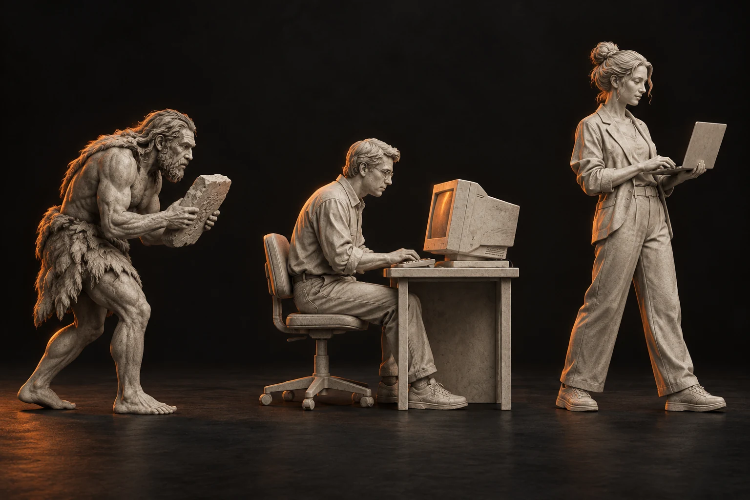 The evolution from a stone tablet to an early computer and a modern laptop