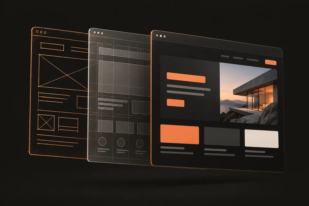 A website evolving from a sketched wireframe through layout design to a polished finished screen